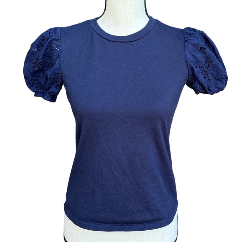 Kate Spade Navy Blue Eyelet Puff Sleeve Top XS Designer Lace Cotton Blouse Shirt